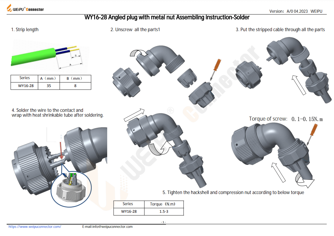 WY16-28 Angled Plug with Metal Nut Assembling Instruction