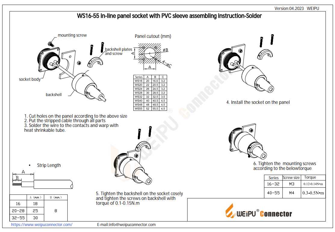 WS16-55 In-line Panel Socket with PVC Sleeve Assembling Instruction-Solder