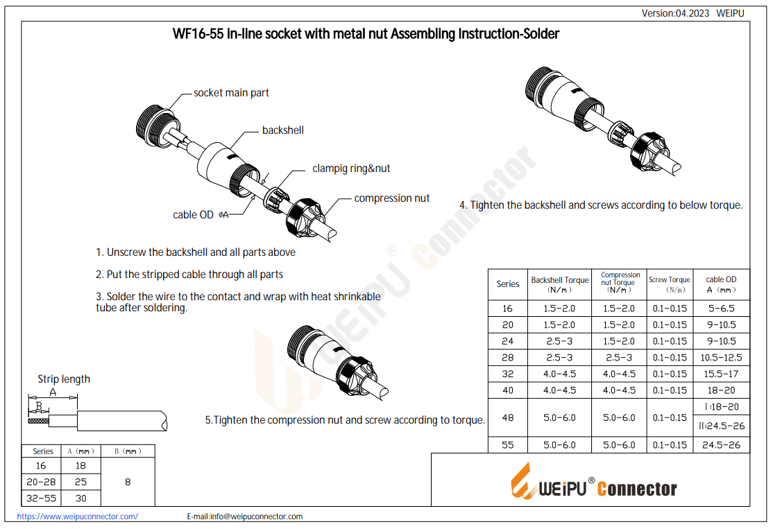 WF16-55 In-line Socket with Metal Nut Assembling Instruction-Solder