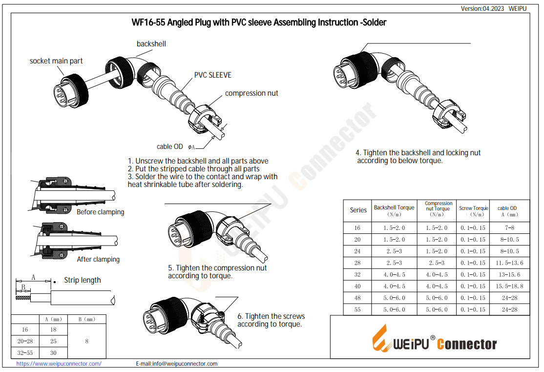 WF16-55 Angled Plug with PVC Sleeve Assembling Instruction-Solder