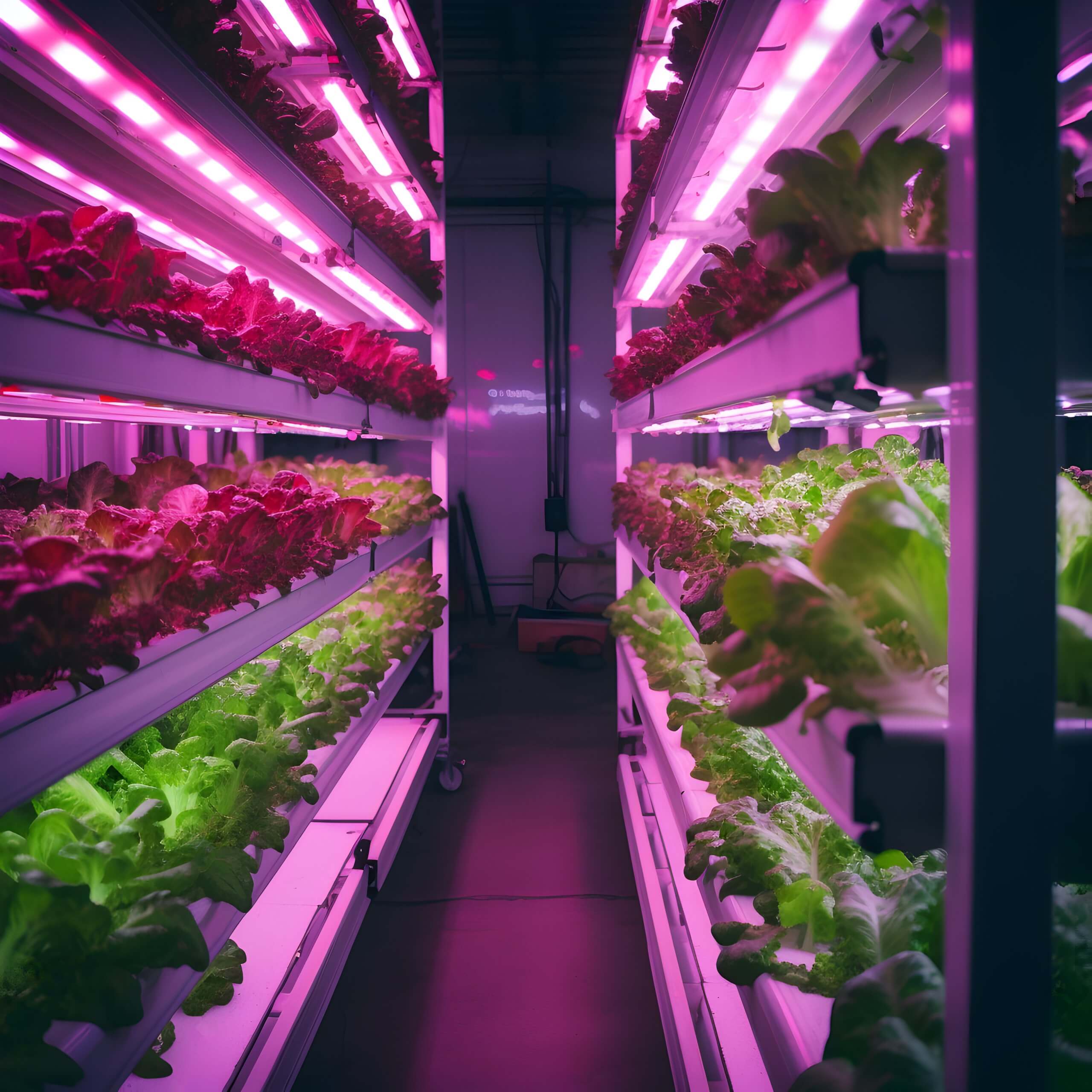 Organic hydroponic vegetable grow with LED Light Indoor farm. Agriculture Technology. Vertical farming, griculture future . Selective focus, blur. Generative AI