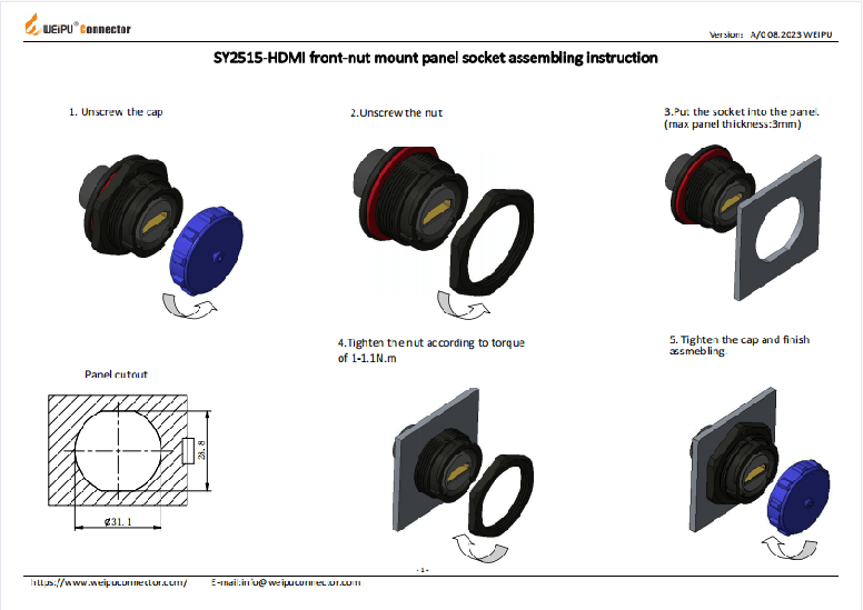 SY2515-HDMI Front-nut Mount Panel Socket Assembling Instruction