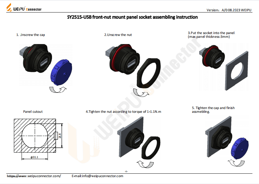 SY25-USB Front-nut Mount Panel Socket Assembling Instruction