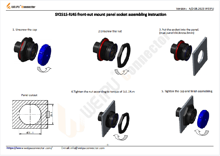 SY2515-RJ45 Front-nut Mount Panel Socket Assembling Instruction