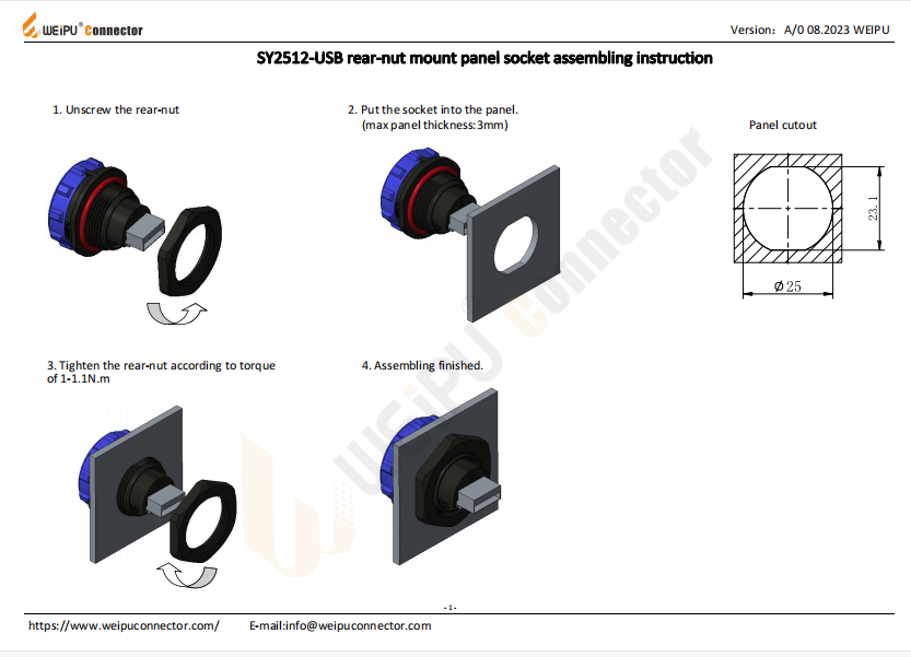 SY2512-USB Rear-nut Mount Panel Socket Assembling Instruction