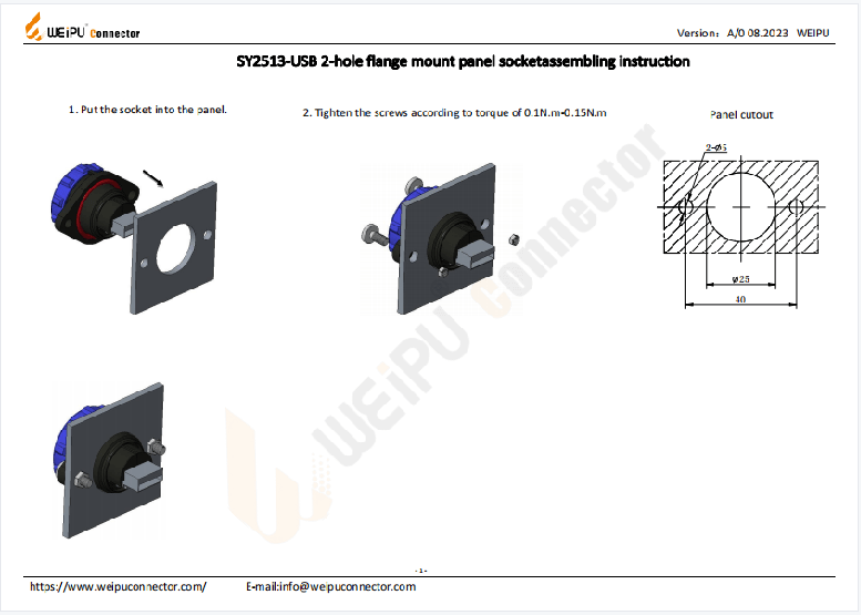 SY2513-USB 2-hole Flange Mount Panel Socket Assembling Instruction