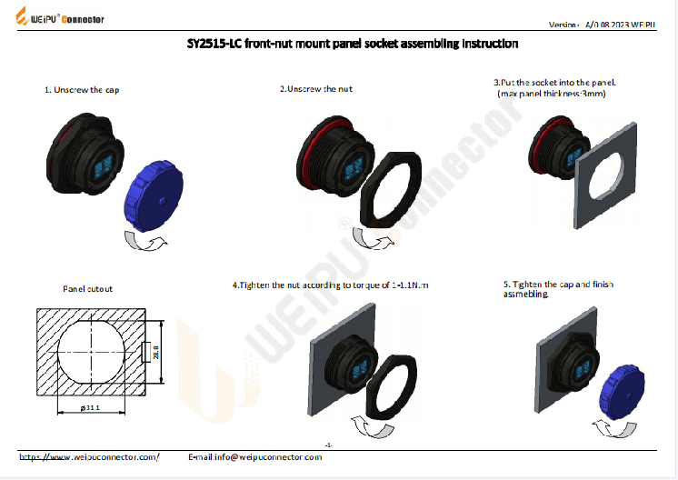 SY2515-LC Front-nut Mount Panel Socket Assembling Instruction