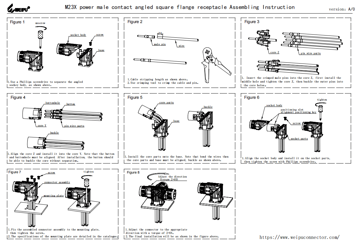 M23XDJ_ZL Power Male Contact Angled Square Flange Receptacle Assembling Instruction