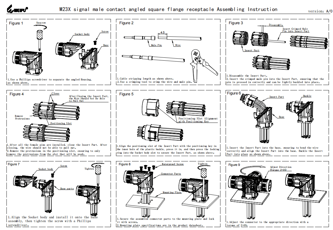 M23XSJ_ZL Signal Male Contact Angled Square Flange Receptacle Assembling Instruction