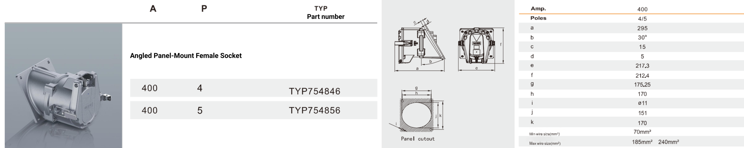 weipu connector 400A-Angled Panel-Mount Female Socket