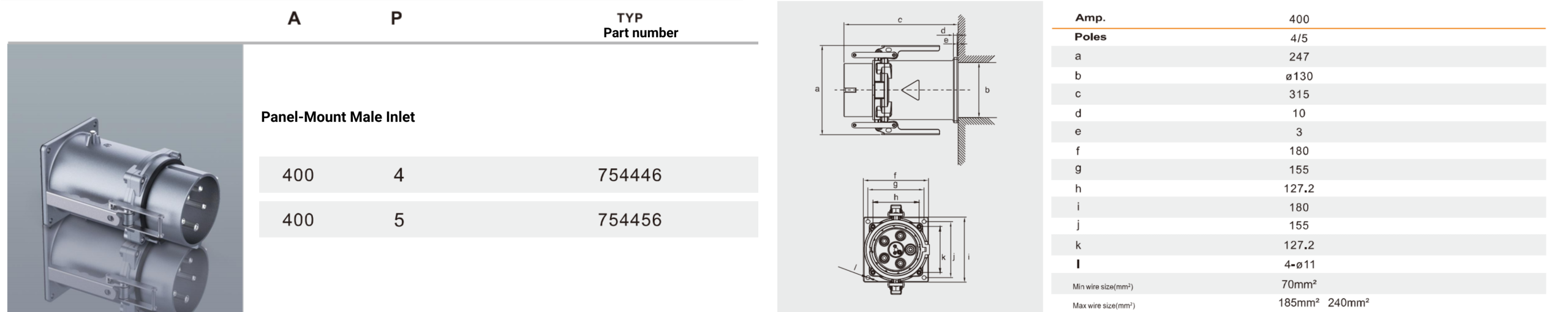 weipu connector 400A-Panel-Mount Male Inlet