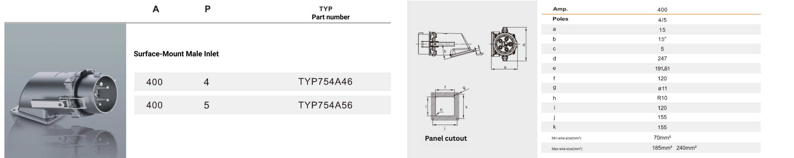 weipu connector 400A-Surface-Mount Male Inlet