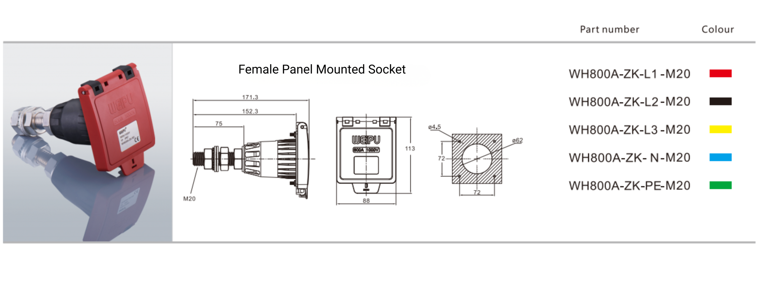 weipu connector WH800A panel mount socket